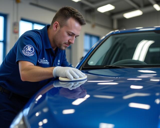 Technicien expert de BlueCèdre Wash polissant une voiture